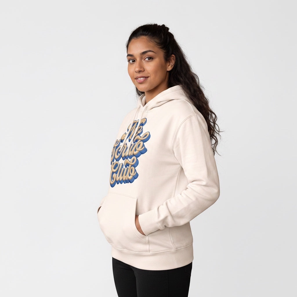 Label Stitch Studio beige heavyweight fleece hoodie with No Scrub Club graphic and kangaroo pocket on a model