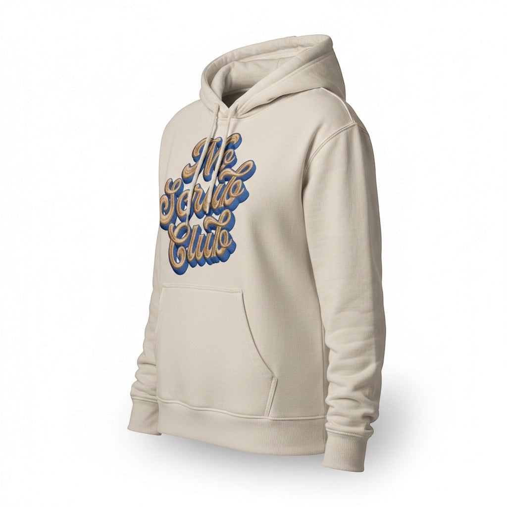 Label Stitch Studio No Scrub Club beige heavyweight fleece hoodie with 90s style blue and gold graphic text