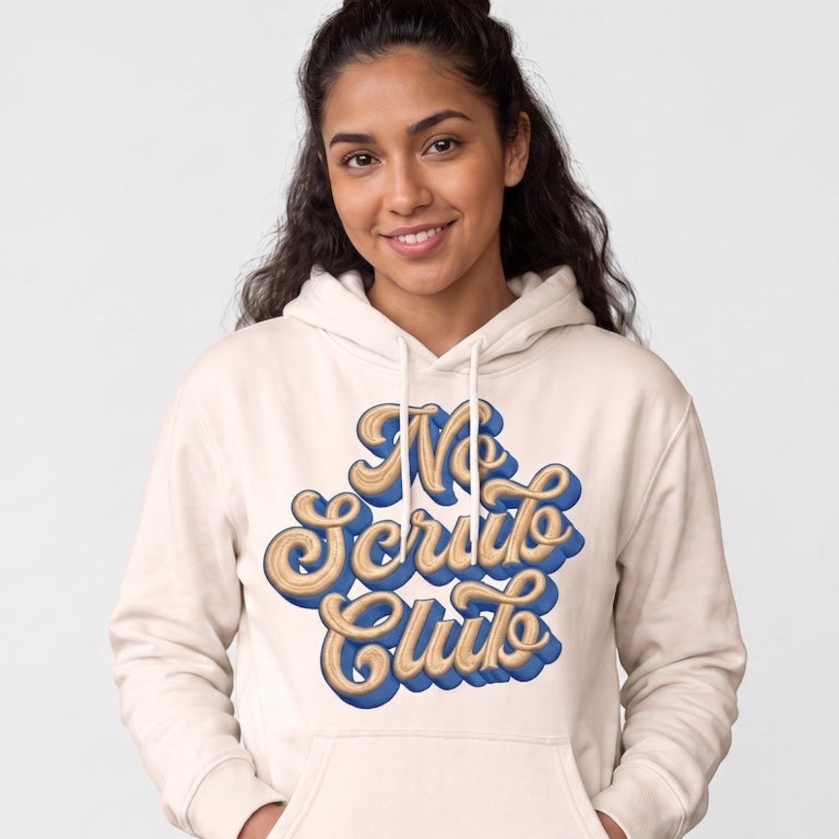 Label Stitch Studio beige heavyweight fleece hoodie with No Scrub Club graphic print worn by a smiling woman