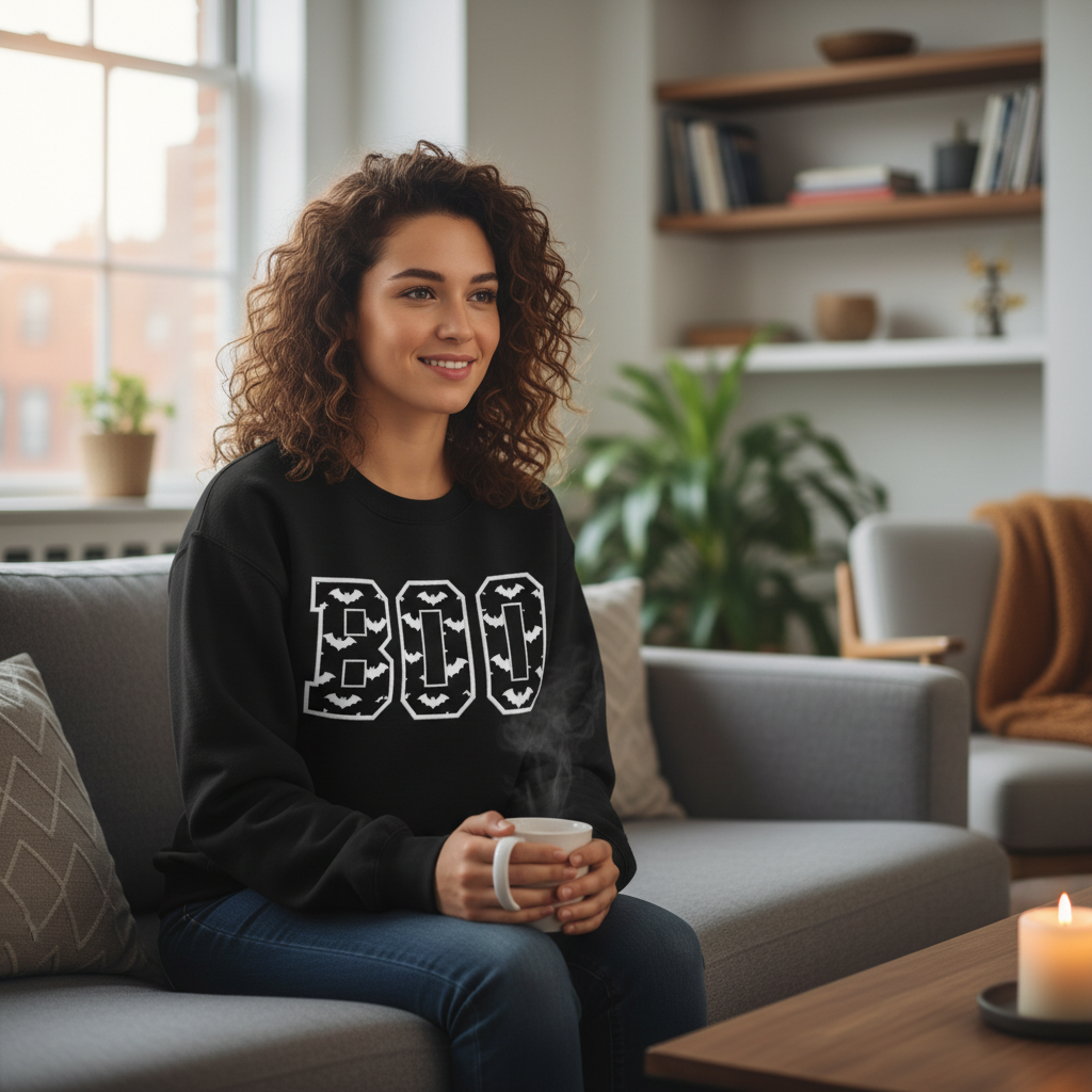 Woman wearing a Label Stitch Studio black fleece crewneck sweatshirt with varsity BOO bat-pattern appliqué on a sofa
