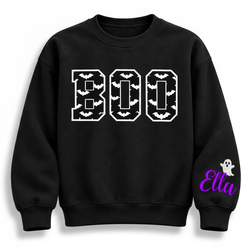 Label Stitch Studio black fleece crewneck sweatshirt with varsity BOO letters, bat pattern, and personalized sleeve.
