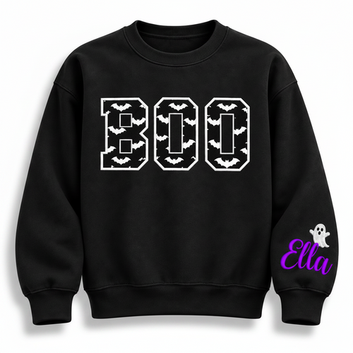 Label Stitch Studio black fleece crewneck sweatshirt with varsity BOO letters, bat pattern, and personalized sleeve.