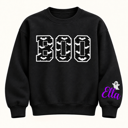 Label Stitch Studio black fleece crewneck sweatshirt with varsity BOO appliqué and personalized ghost sleeve detail.