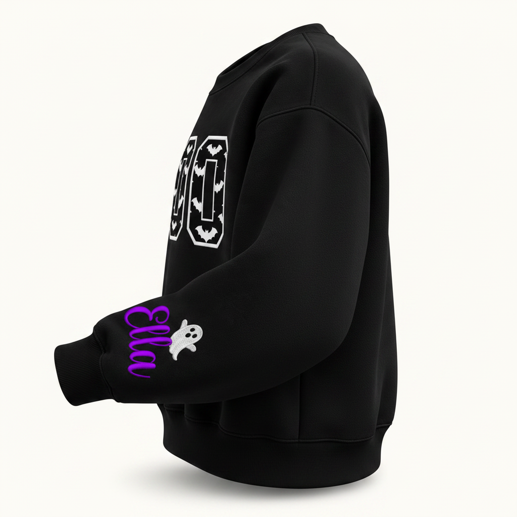 Label Stitch Studio black fleece crewneck sweatshirt with varsity BOO appliqué and personalized sleeve embroidery