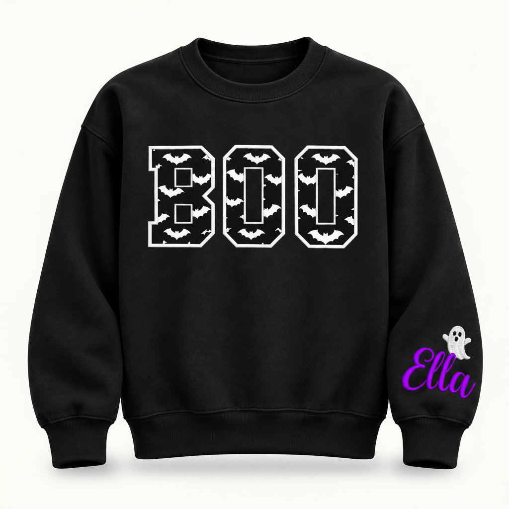 Label Stitch Studio black fleece crewneck sweater with varsity BOO letters in bat-pattern fabric and personalized sleeve