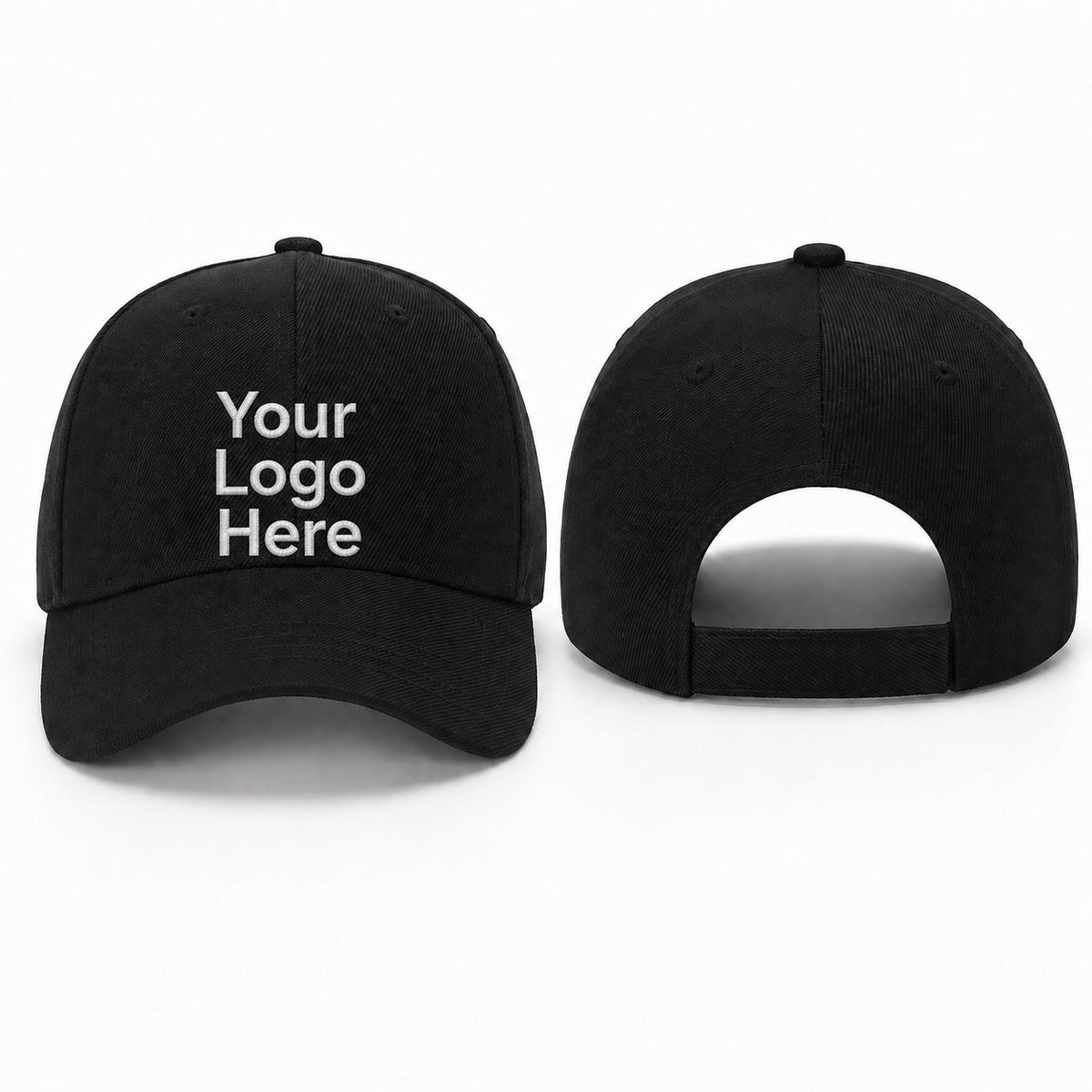 Label Stitch Studio black adjustable baseball cap with custom embroidery area on the front and back strap view