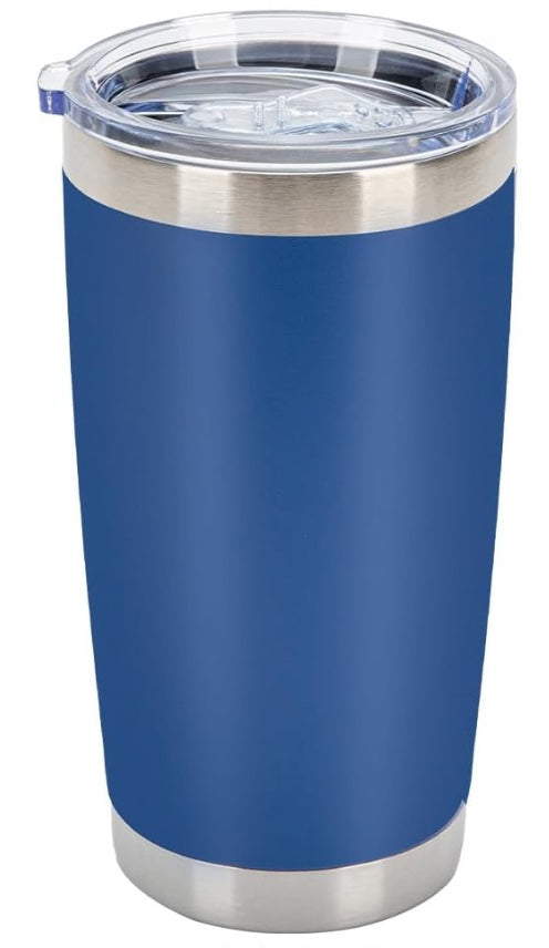 Label Stitch Studio 20oz blue powder-coated stainless steel vacuum insulated tumbler with clear lid and straw