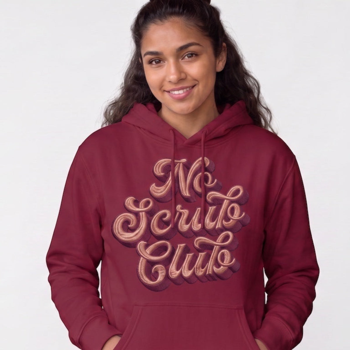 Label Stitch Studio burgundy heavyweight fleece hoodie with No Scrub Club graphic text in 90s style font