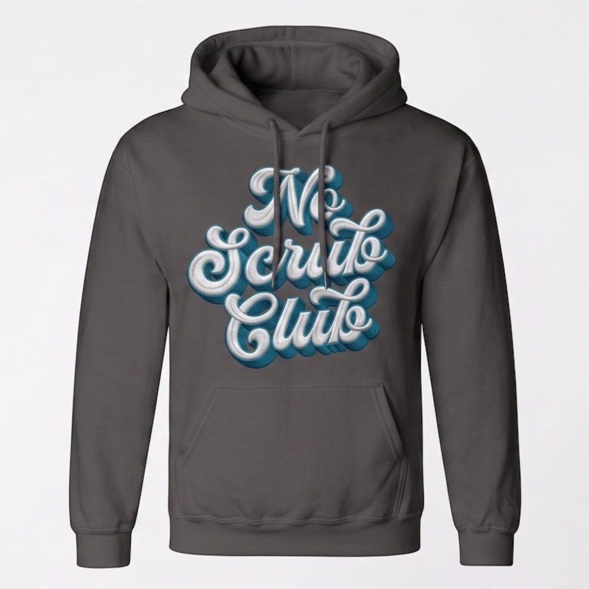 Label Stitch Studio charcoal grey heavyweight fleece hoodie with No Scrub Club graphic in 90s style blue lettering