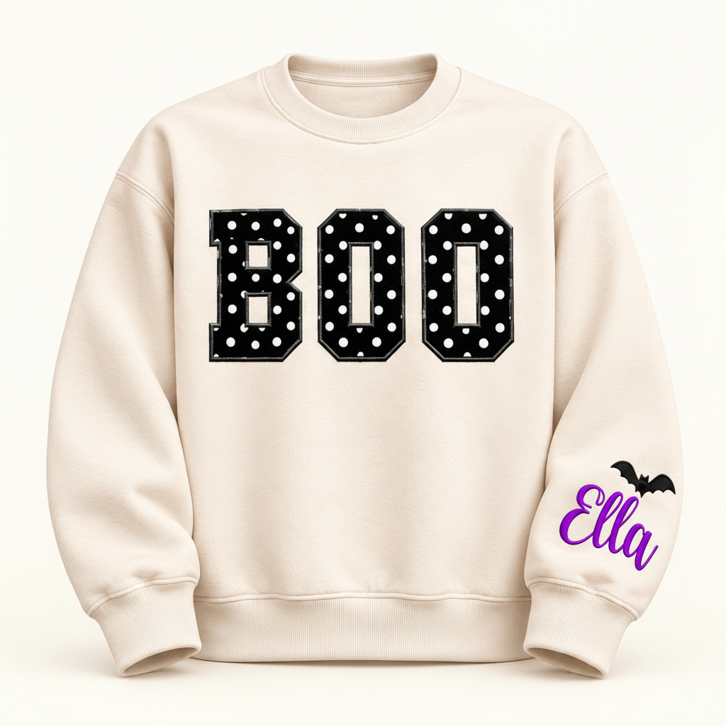Label Stitch Studio cream fleece crewneck sweatshirt with black polka-dot BOO varsity letters and personalized sleeve