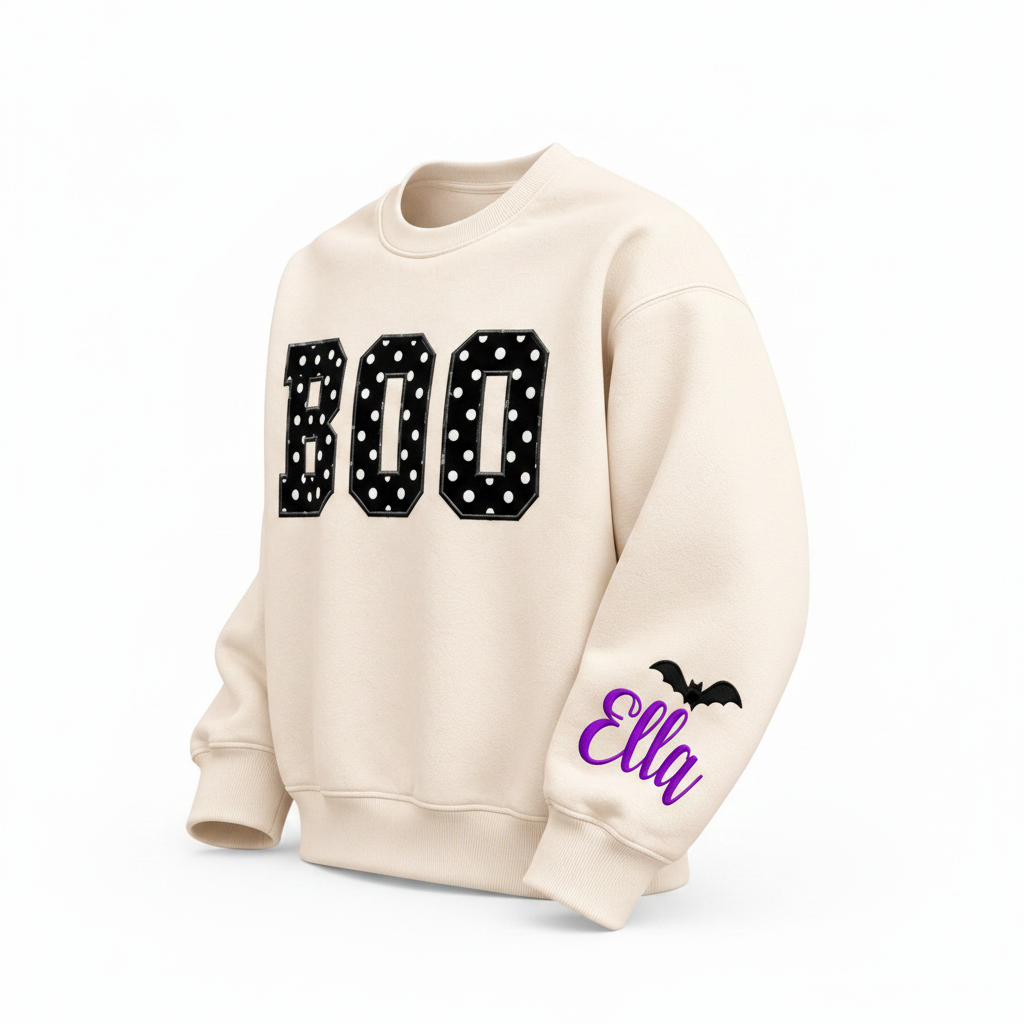 Label Stitch Studio cream fleece crewneck sweatshirt with black polka-dot BOO letters and personalized sleeve name.
