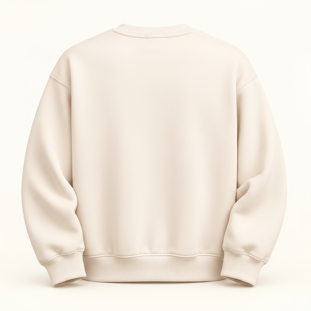 Label Stitch Studio cream fleece crewneck sweatshirt, back view of a plain cozy pullover for fall