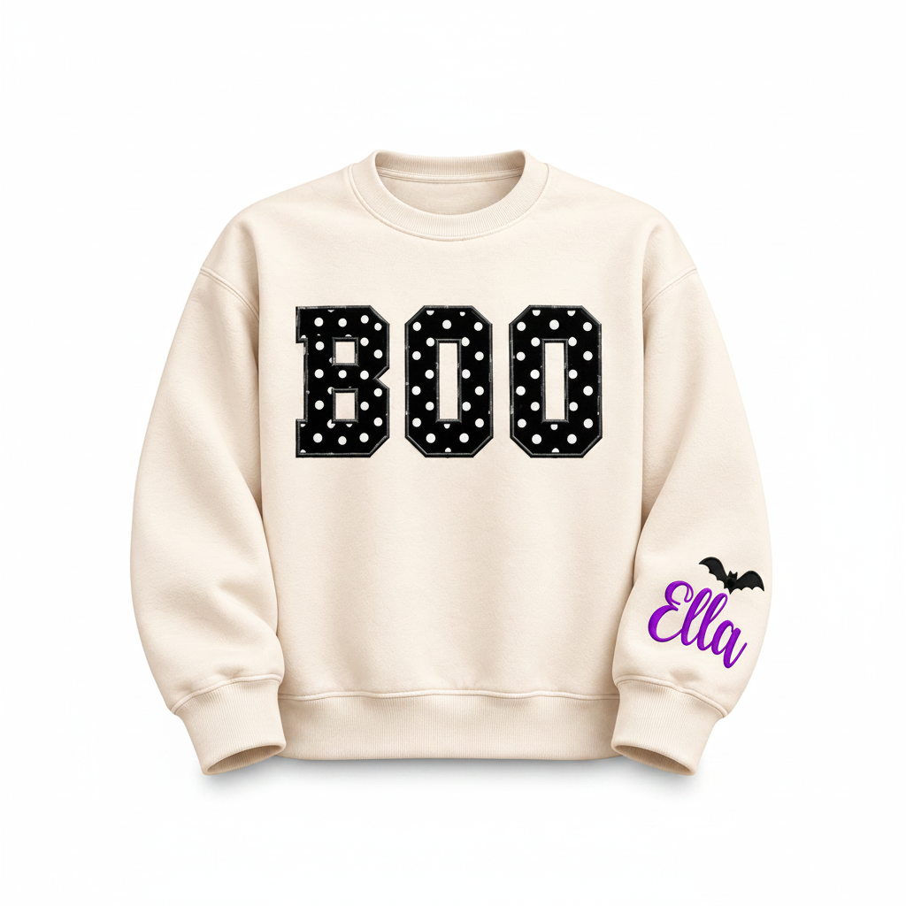 Label Stitch Studio cream fleece crewneck sweatshirt with black and white polka-dot BOO varsity appliqué and name
