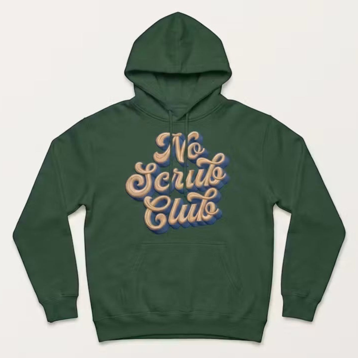 Label Stitch Studio dark green heavyweight fleece hoodie with No Scrub Club graphic in 90s retro typography