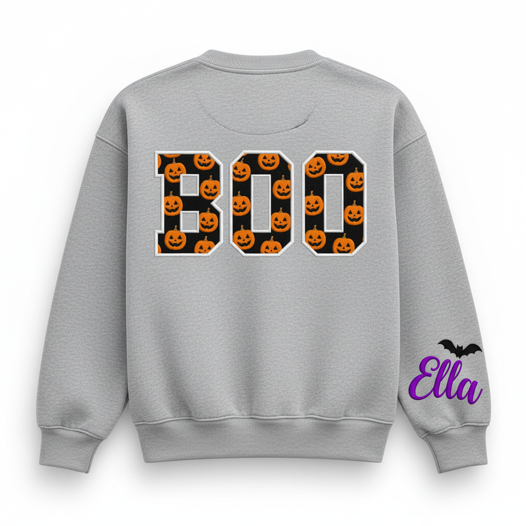 Label Stitch Studio heather grey crewneck sweatshirt with varsity BOO appliqué and personalized sleeve embroidery.