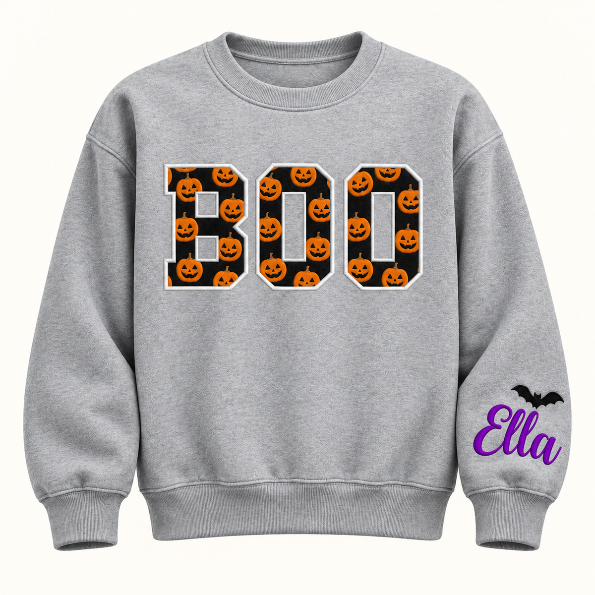 Label Stitch Studio heather grey fleece crewneck sweatshirt with varsity BOO appliqué and personalized sleeve name