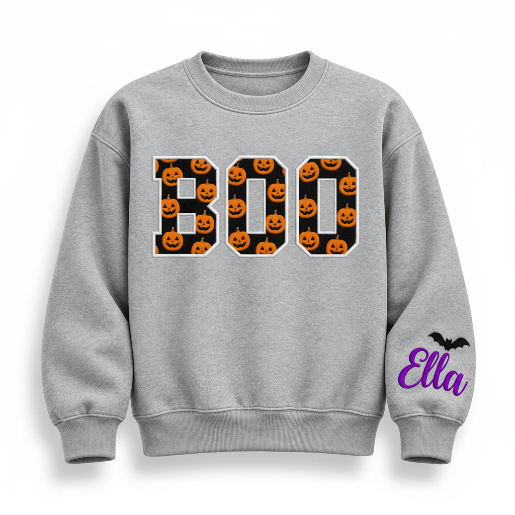 Label Stitch Studio heather grey crewneck sweatshirt with varsity BOO appliqué and personalized sleeve embroidery