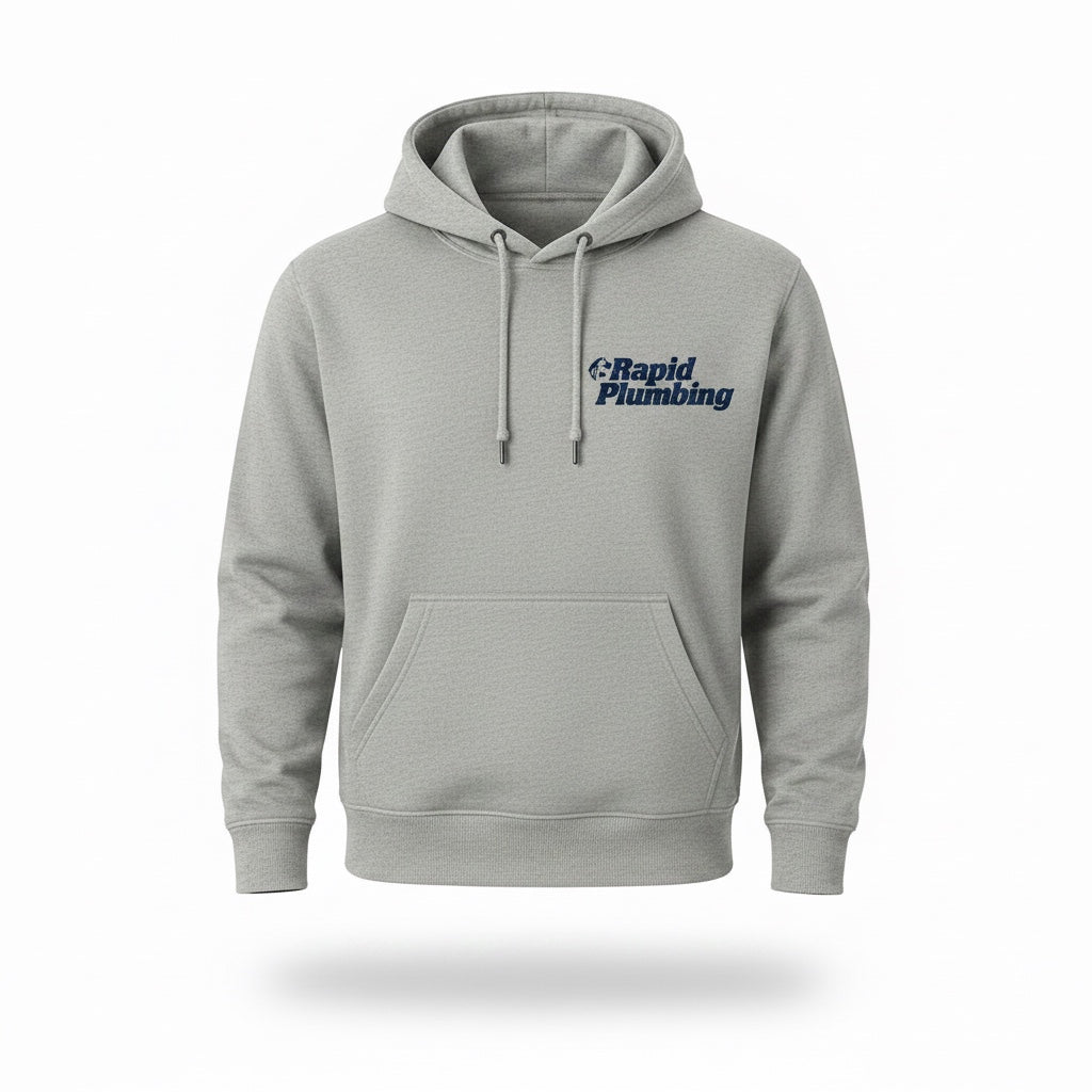 Label Stitch Studio grey hooded sweatshirt with custom Rapid Plumbing embroidery on the chest and front pouch pocket