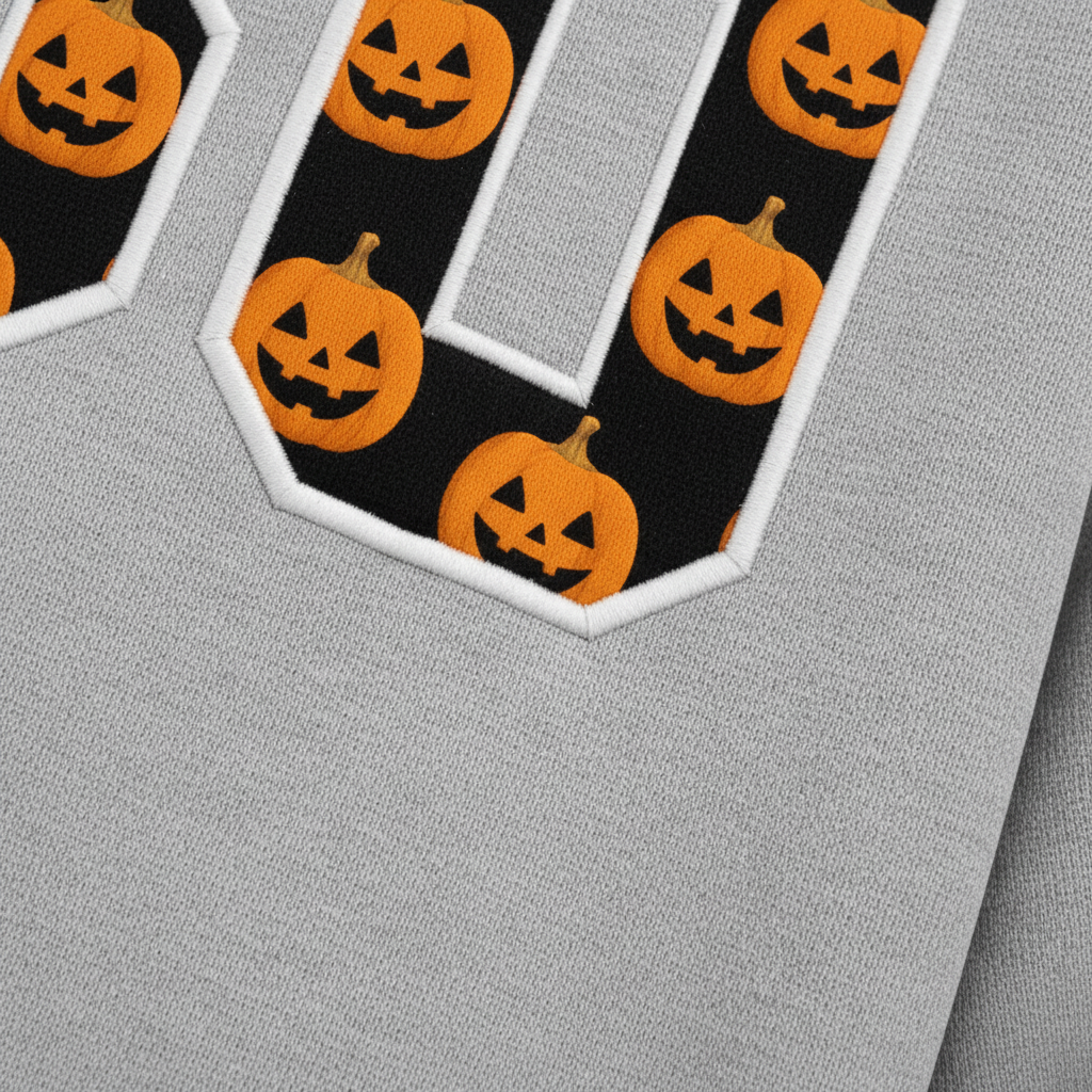 Label Stitch Studio heather grey fleece sweatshirt with black varsity BOO appliqué featuring orange pumpkin patterns