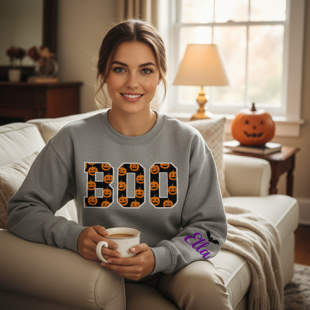 Label Stitch Studio heather grey crewneck sweatshirt with black varsity BOO appliqué and orange pumpkin patterns