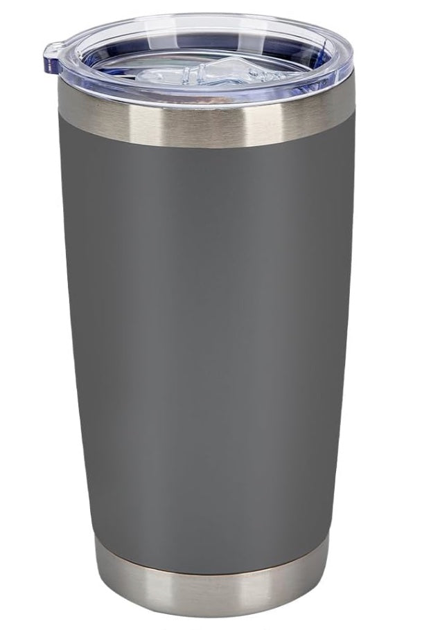 Label Stitch Studio 20oz grey powder coated stainless steel vacuum insulated travel tumbler with lid and straw