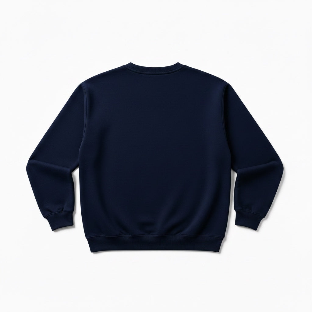 Back view of a Label Stitch Studio navy blue crewneck sweatshirt with ribbed cuffs and hem on a white background.