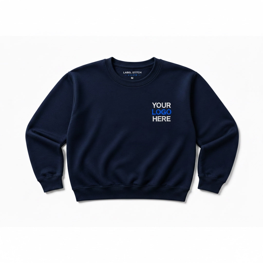 Label Stitch Studio navy crewneck sweatshirt with custom embroidery on the chest, featuring ribbed cuffs and hem.