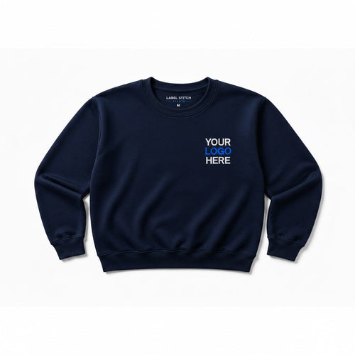 Label Stitch Studio navy crewneck sweatshirt with custom embroidery on the chest, featuring ribbed cuffs and hem.