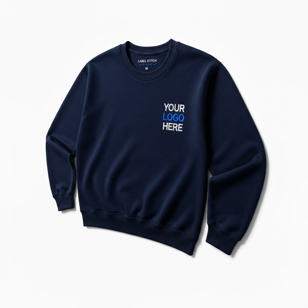 Label Stitch Studio navy crewneck sweatshirt with custom embroidery on the chest, featuring ribbed cuffs and hem.