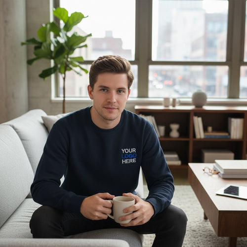 A man wearing a navy Label Stitch Studio custom embroidered crewneck sweatshirt while sitting on a sofa.