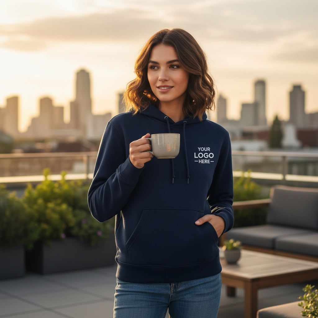 Woman wearing a navy blue Label Stitch Studio custom embroidered hooded sweatshirt with a pouch pocket on a rooftop.