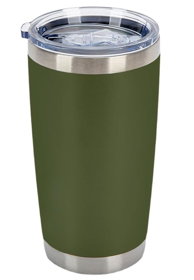 Label Stitch Studio 20oz olive green stainless steel insulated tumbler with a clear lid and straw