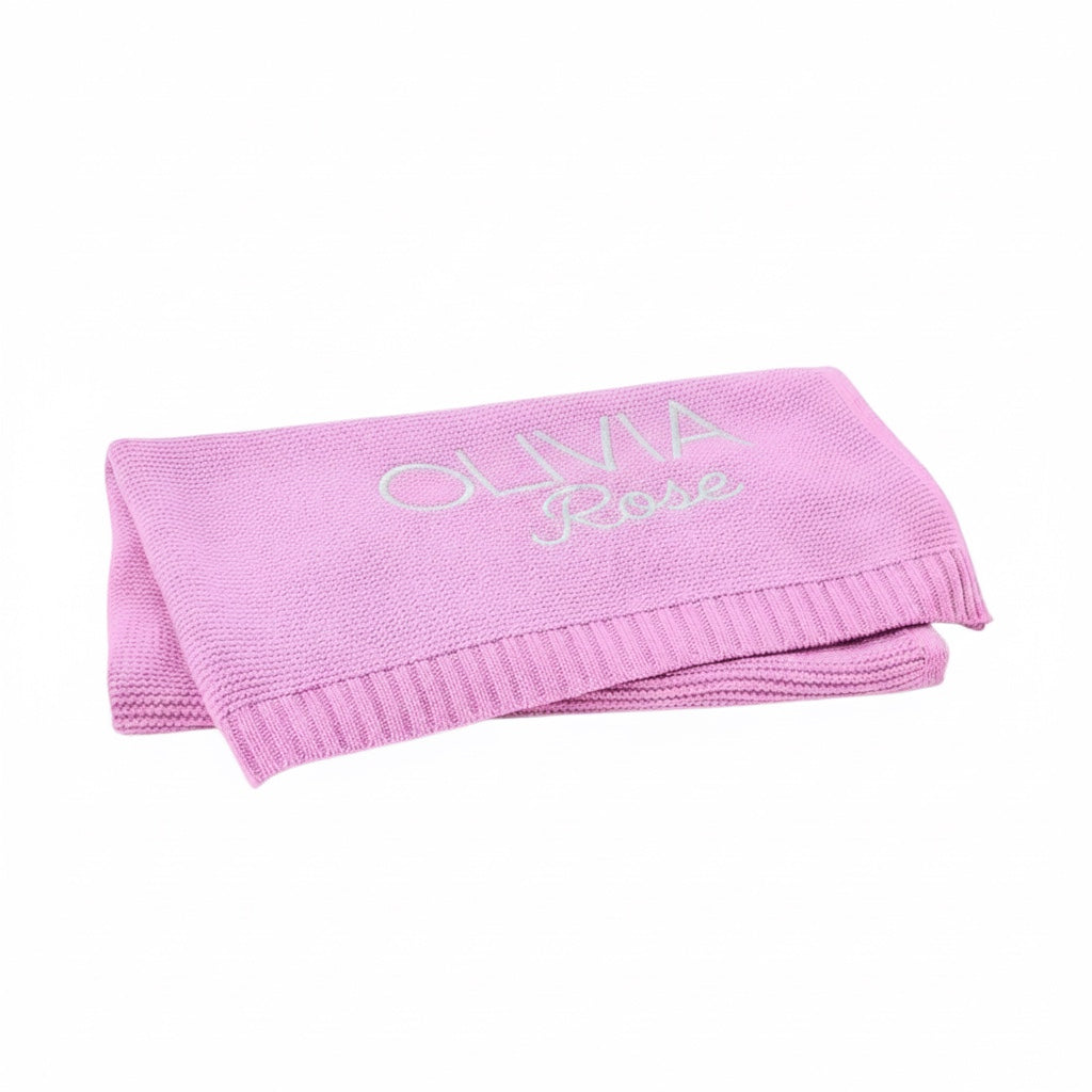 Label Stitch Studio soft pink 100% cotton baby blanket with custom embroidered name Olivia Rose