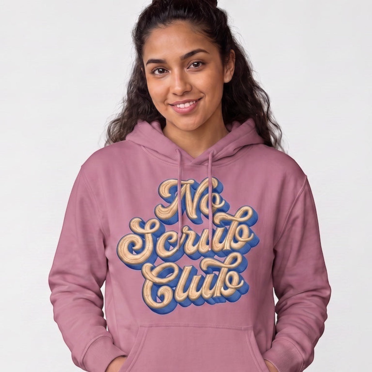 Label Stitch Studio pink heavyweight fleece hoodie with No Scrub Club graphic print worn by a smiling woman