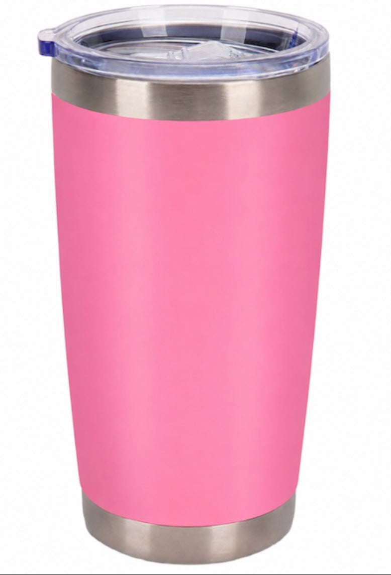 Label Stitch Studio 20oz pink powder coated stainless steel vacuum insulated tumbler with clear lid and straw