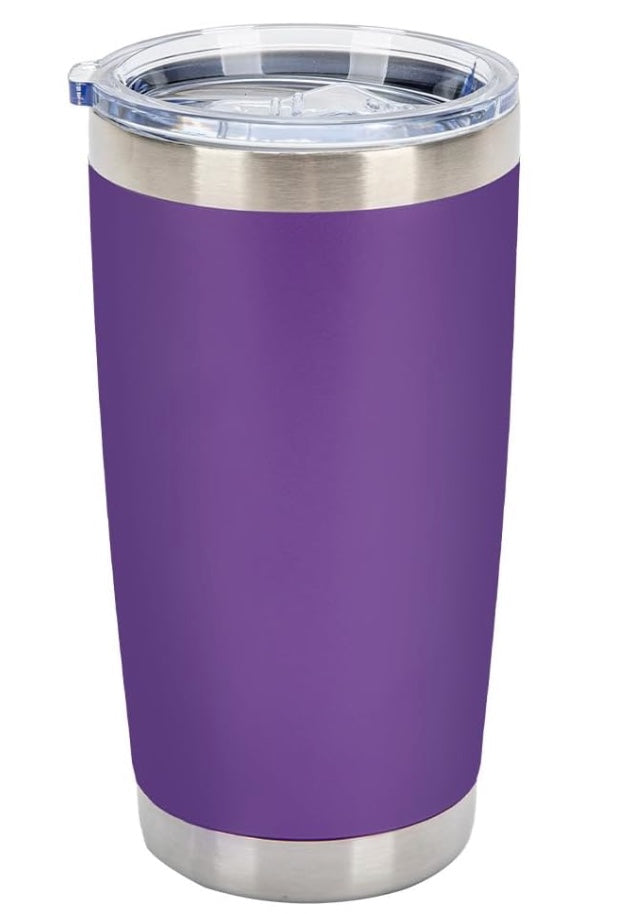 Label Stitch Studio 20oz purple stainless steel insulated tumbler with a clear lid and straw