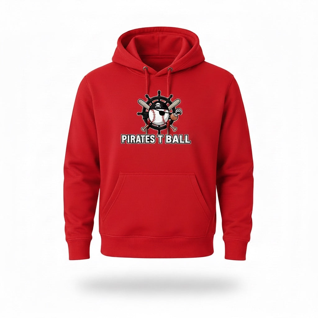 Label Stitch Studio red hooded sweatshirt with custom Pirates T Ball baseball graphic on the chest