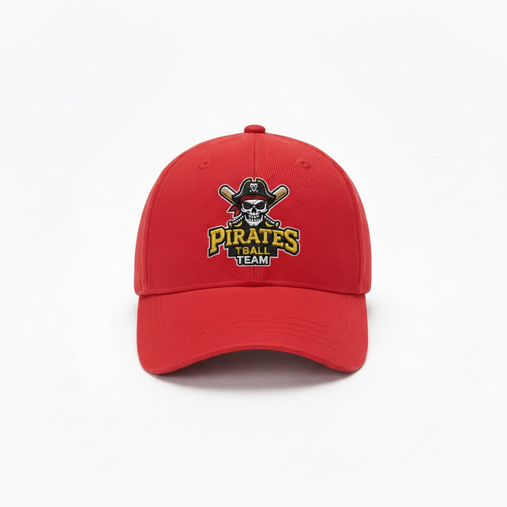 Label Stitch Studio red baseball cap with custom embroidered Pirates team skull and baseball bat logo