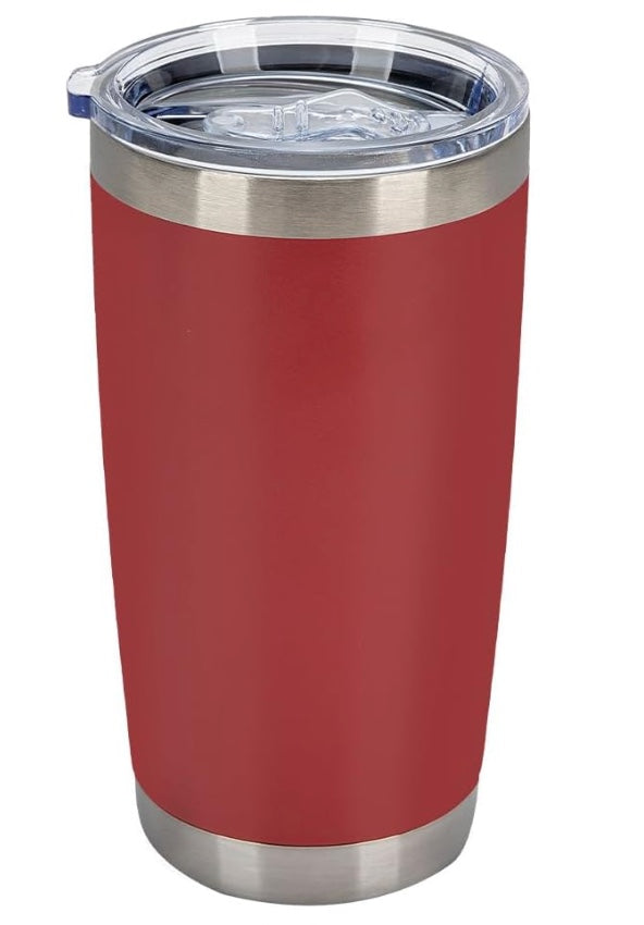 Label Stitch Studio 20oz red powder coated stainless steel vacuum insulated tumbler with clear lid and straw