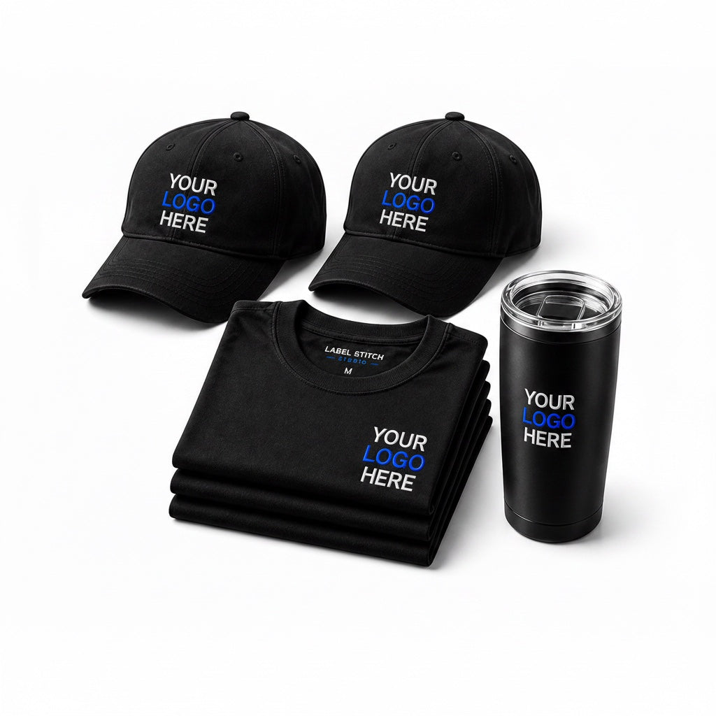 Label Stitch Studio small business starter package with black embroidered caps, printed cotton t-shirts, and tumbler