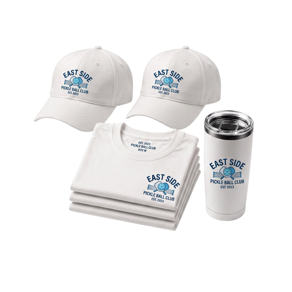 Label Stitch Studio small business starter package with white embroidered caps, printed t-shirts, and a logo tumbler.