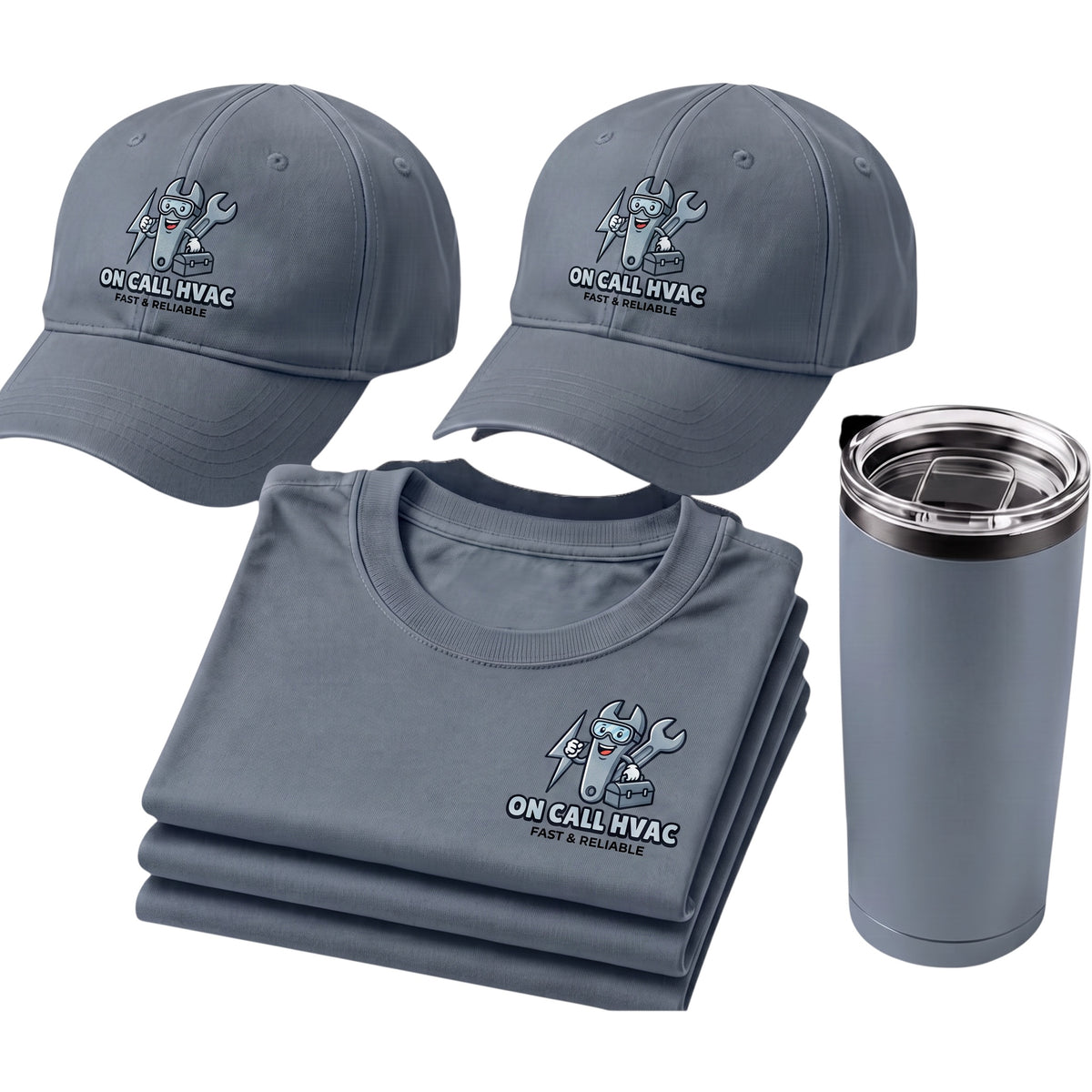 Label Stitch Studio small business starter package with grey embroidered caps, printed t-shirts, and a matching tumbler
