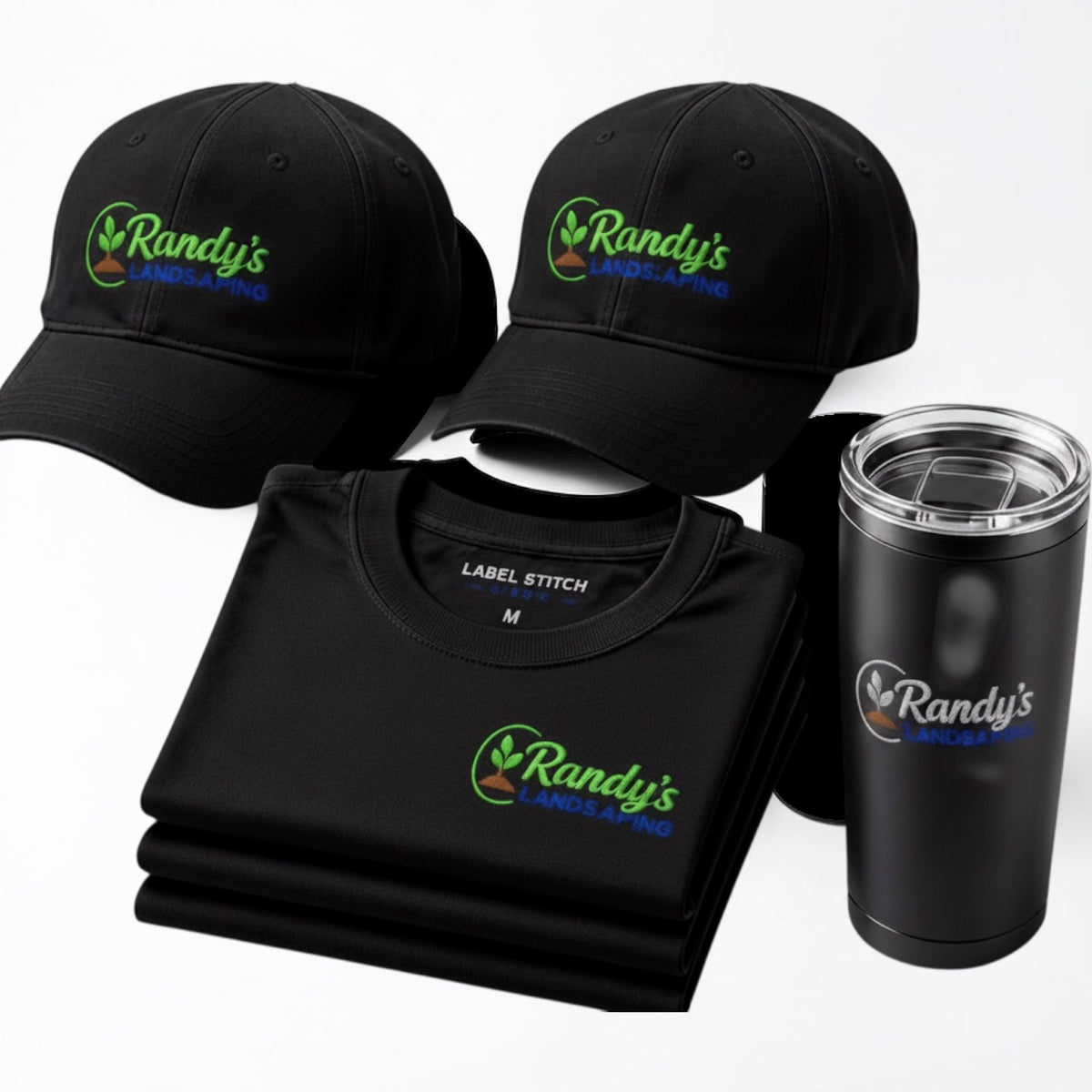 Label Stitch Studio small business starter package with branded black baseball caps, cotton t-shirts, and a tumbler.