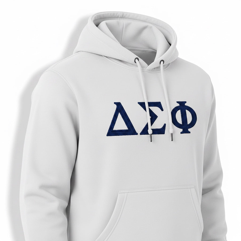 Label Stitch Studio white hooded sweatshirt with navy blue Greek letter embroidery on the chest
